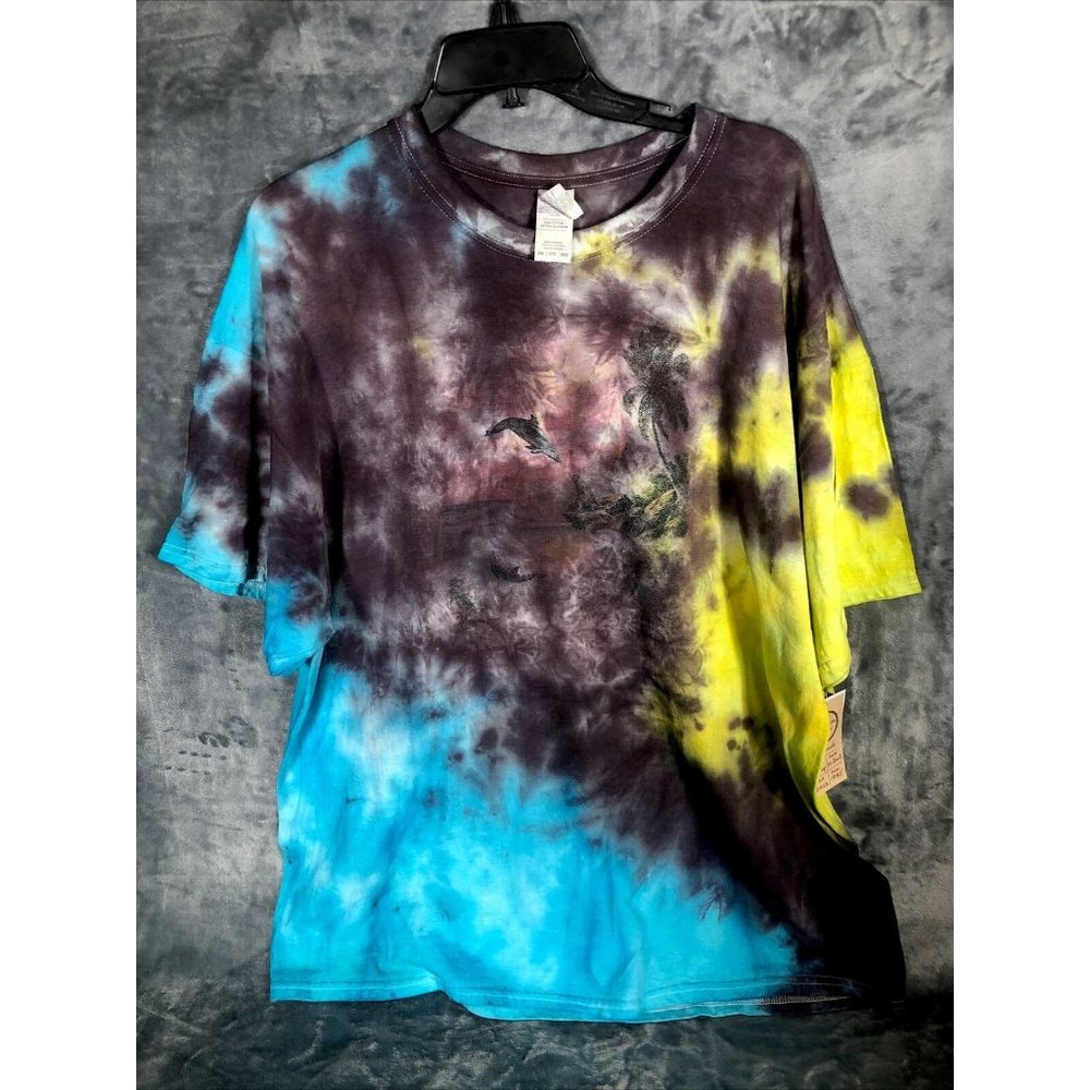 Tie-Dyed Shirt Unisex Blues Yellow Blacks Dolphin Theme Adult Size 2X Large